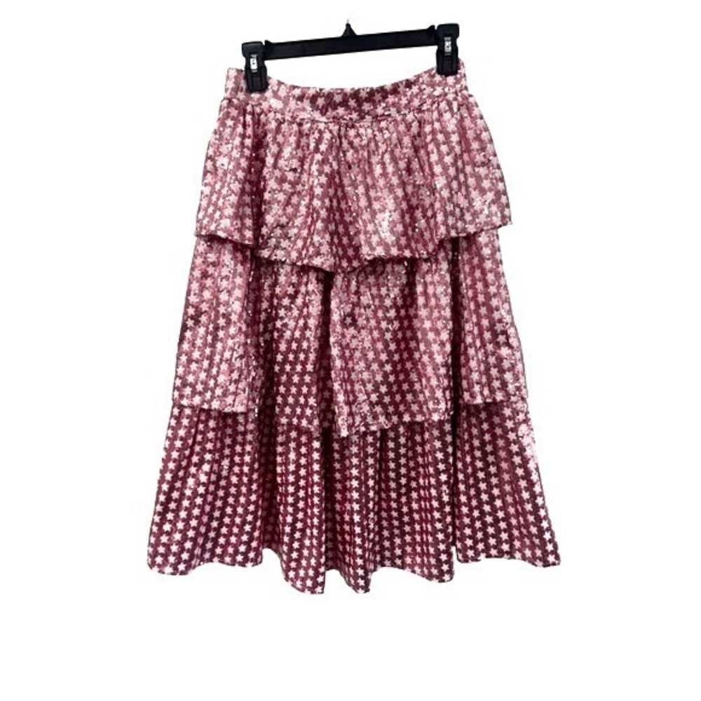 Queen of Sparkles Pink Star Sequin Tiered Ruffle Midi Skirt Gameday Party M